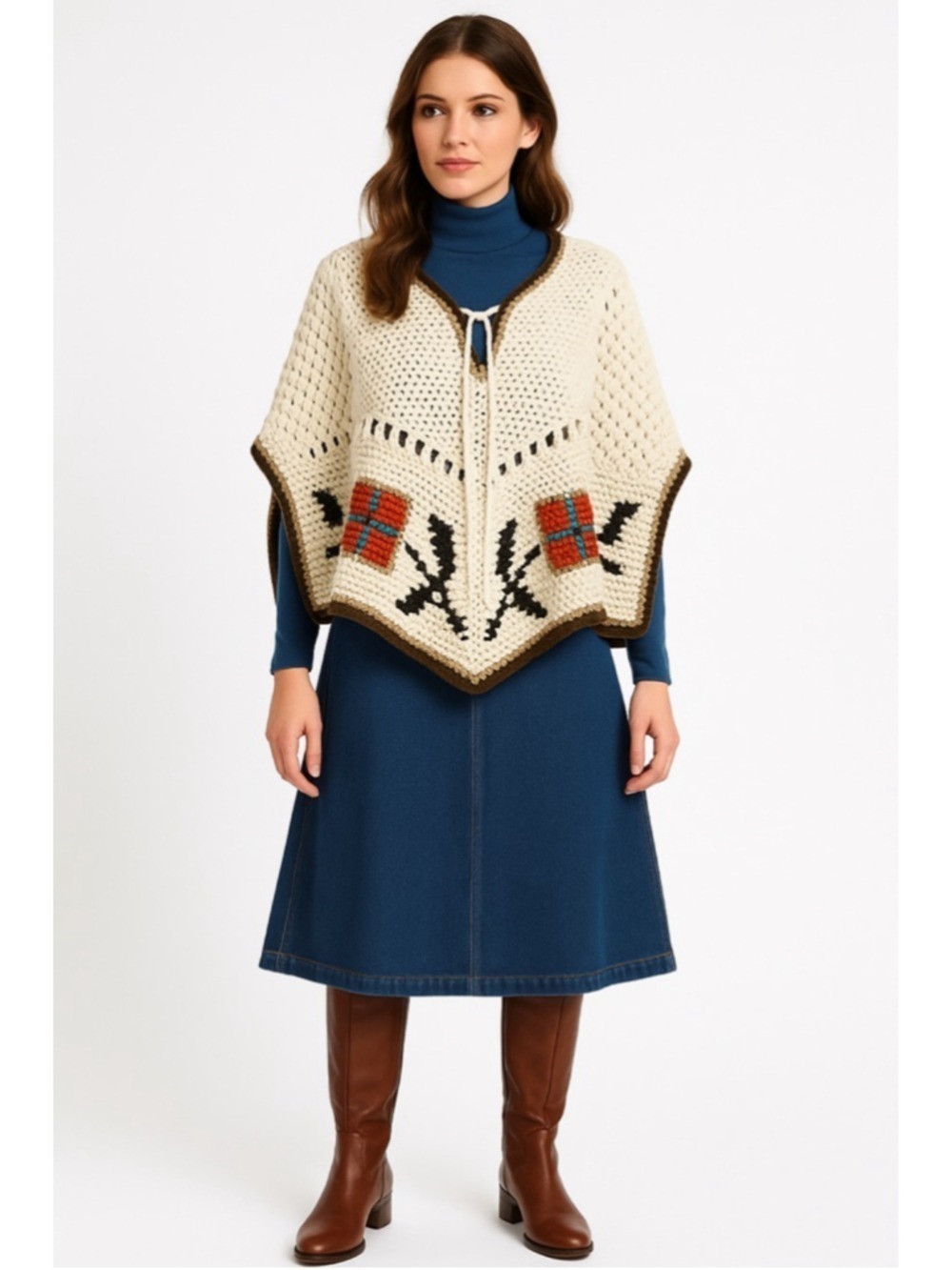 Lady Dutch Crochet Poncho Vintage Y2K / 70s-Inspired Boho Festival Knit Cream S